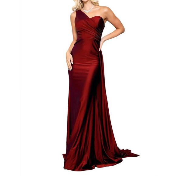 Amelia Couture 2102 One Shoulder Long Bishop Sleeve Evening Gown